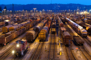Zugbildungsanlage Hagen in the part of town Vorhalle in the dusk, marshalling yard, freight trains, Hagen, North Rhine-Westphalia, Germany Zugbildungsanlage Hagen in the part of town Vorhalle in the dusk, marshalling yard, freight trains, Hagen, North Rhine-Westphalia, Germany